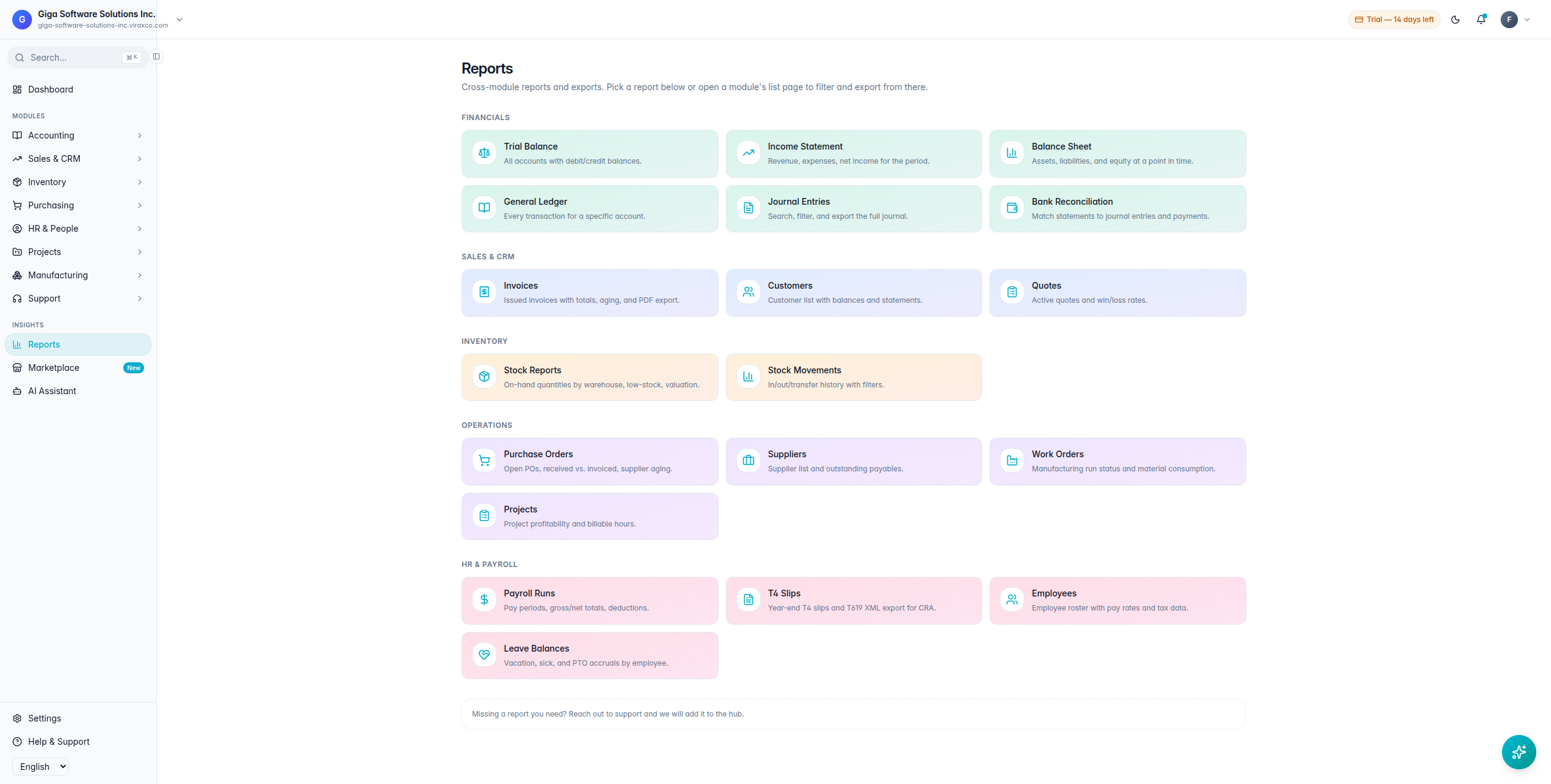 Financial reporting across the workspace.