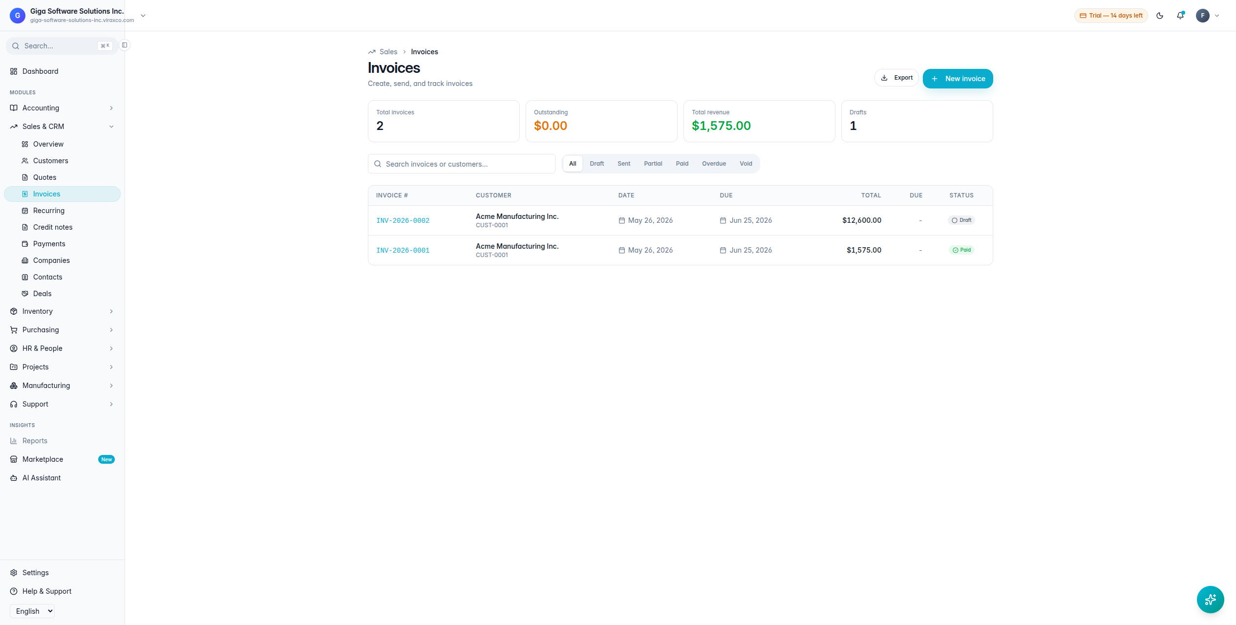 Sales and invoicing, one of 20+ modules on the platform.